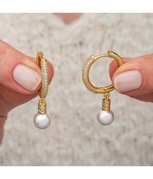 Gümüş Zirkon Taşlı Gold Halka İnci Küpe