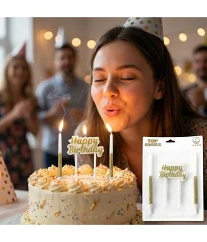 Happy Birthday Yazılı Altın Simli Pasta Mumu Seti