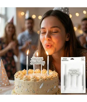 Happy Birthday Yazılı Gümüş Simli Pasta Mumu Seti