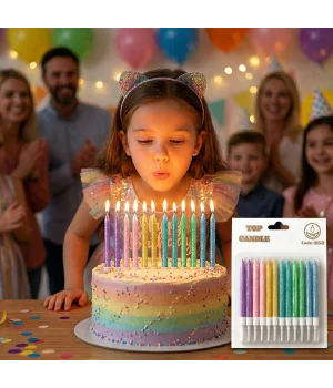 Makaron Renkli Simli Doğum Günü Mumu Seti 8 cm 12 Parça