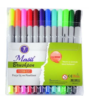Masis Brushpen Çift Uçlu Fırça Uç + Fineliner Kalem Seti 12 Renk