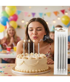 Metalik Gümüş Uzun Mum 19cm 4 Parça