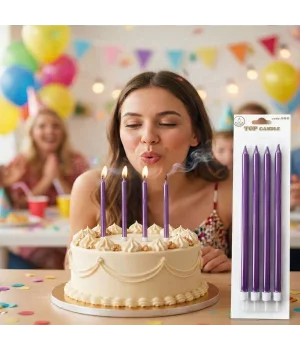 Metalik Mor Uzun Mum 19cm 4 Parça