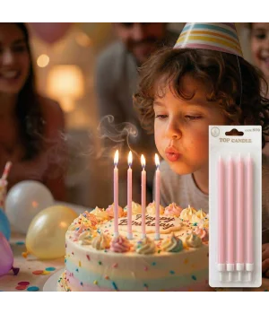 Pembe Makaron İnce Uzun Pasta Mum Seti 4lü