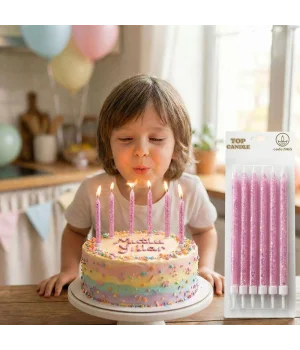 Pembe Simli Pasta Mumları 6 Adet – Şık Doğum Günü Mum Seti