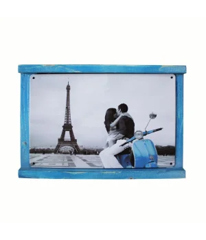 Rustik Ahşap Çerçeveli Vintage Metal Pano Eiffel 20x30
