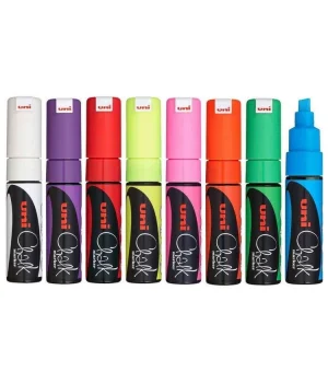 Uni Chalk 8 mm Kesik Uç Su Bazlı Sıvı Tebeşir Kalemi Seti 8 Renk