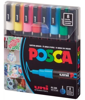 Uni Posca PC-3M 0.9-1.3 Su Bazlı Boyama Markörü Seti Ana Renkler 8 RENK