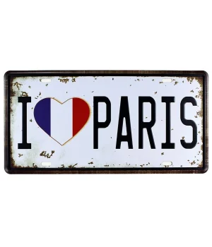 Vintage Metal Plaka I Love Paris 15x30