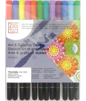 Zig Art & Graphic Twin Marker Brush Pen Çift Uçlu Çizim Kalemi Seti 12 Renk BRIGHT COLORS