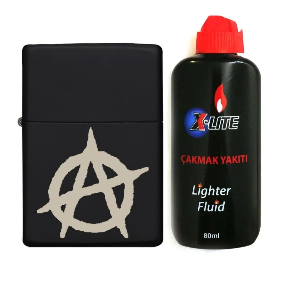 Atomic Benzinli Çakmak Benzin Seti Siyah Anarchy Symbol