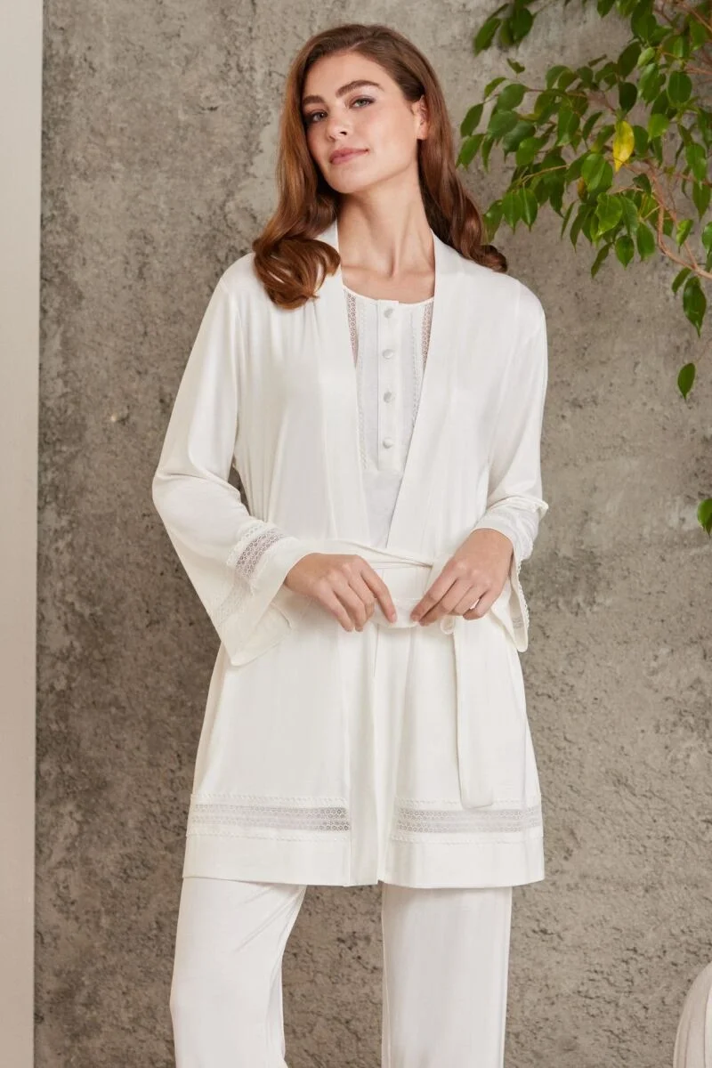 Dantelli Penye 3'lü Lohusa Pijama Takımı  - 2800 Ekru