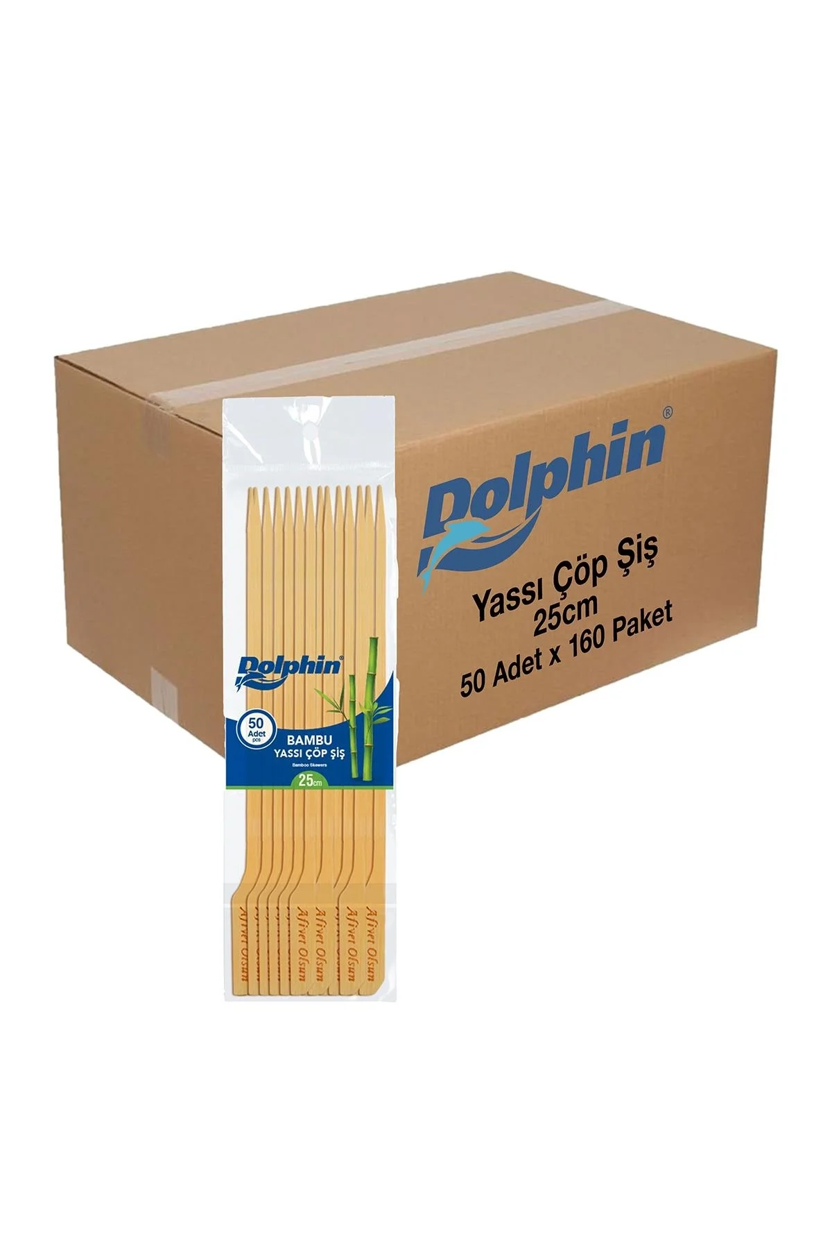 Dolphin Bambu Yassı Çöp Şiş 25 cm 50 Adet x 160 Paket (Koli)