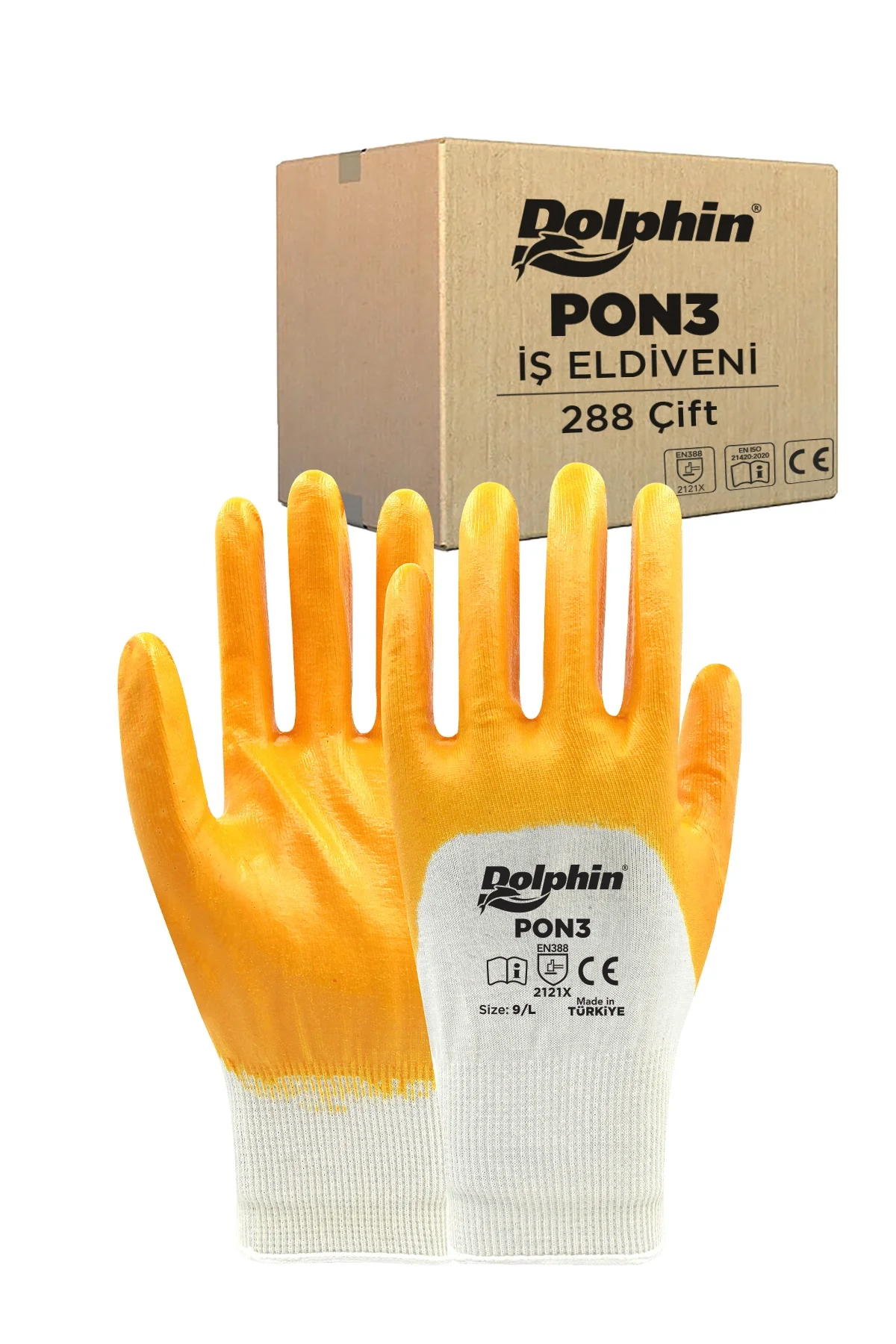 Dolphin Polyester Nitril İş Eldiveni Beyaz/Sarı PON3 9-L 288 Çift - Koli