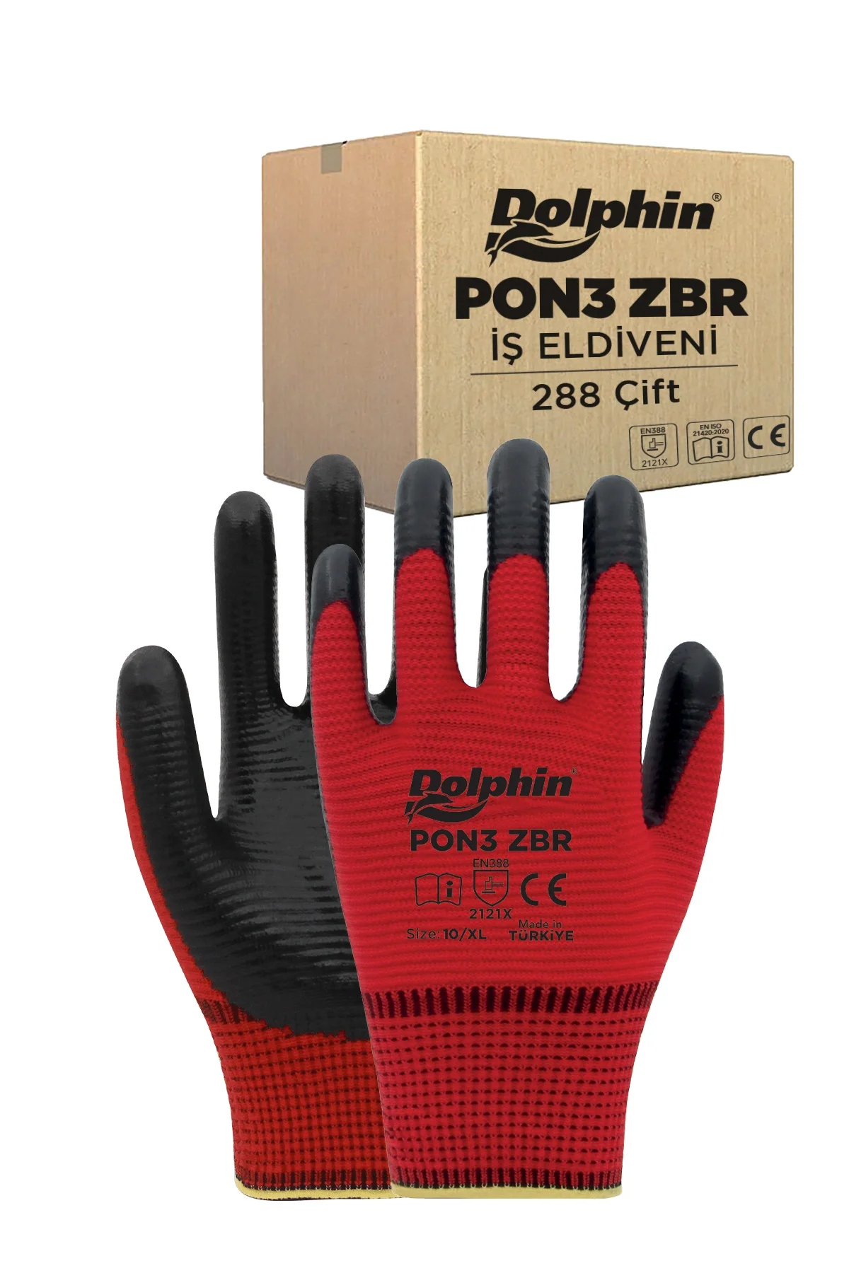 Dolphin Polyester Nitril İş Eldiveni Kırmızı/Siyah PON3 ZBR 10-XL 288 Çift - Koli