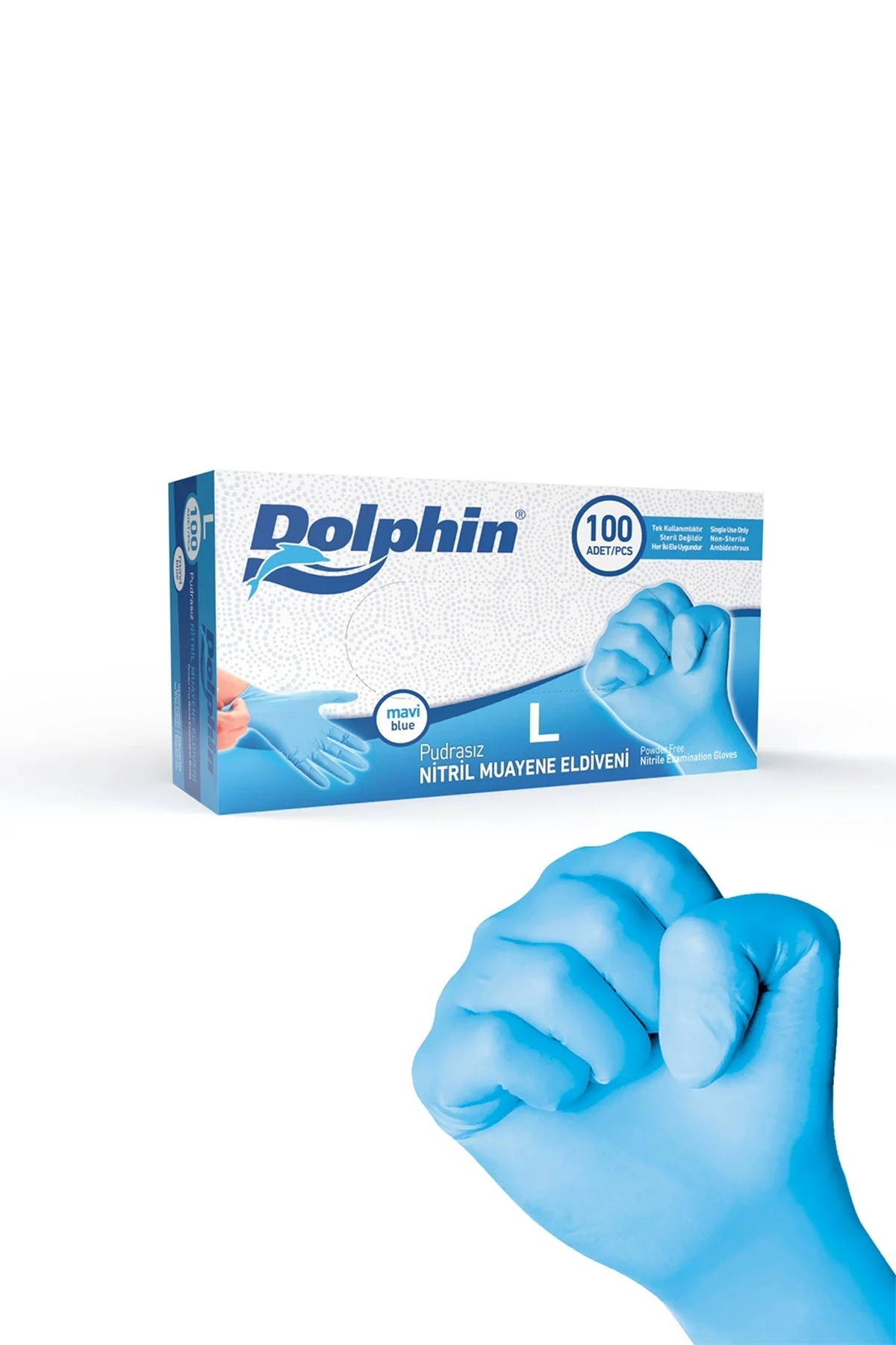 Dolphin Pudrasız Mavi Nitril Muayene Eldiveni L Beden | 1 Kutu - MDR