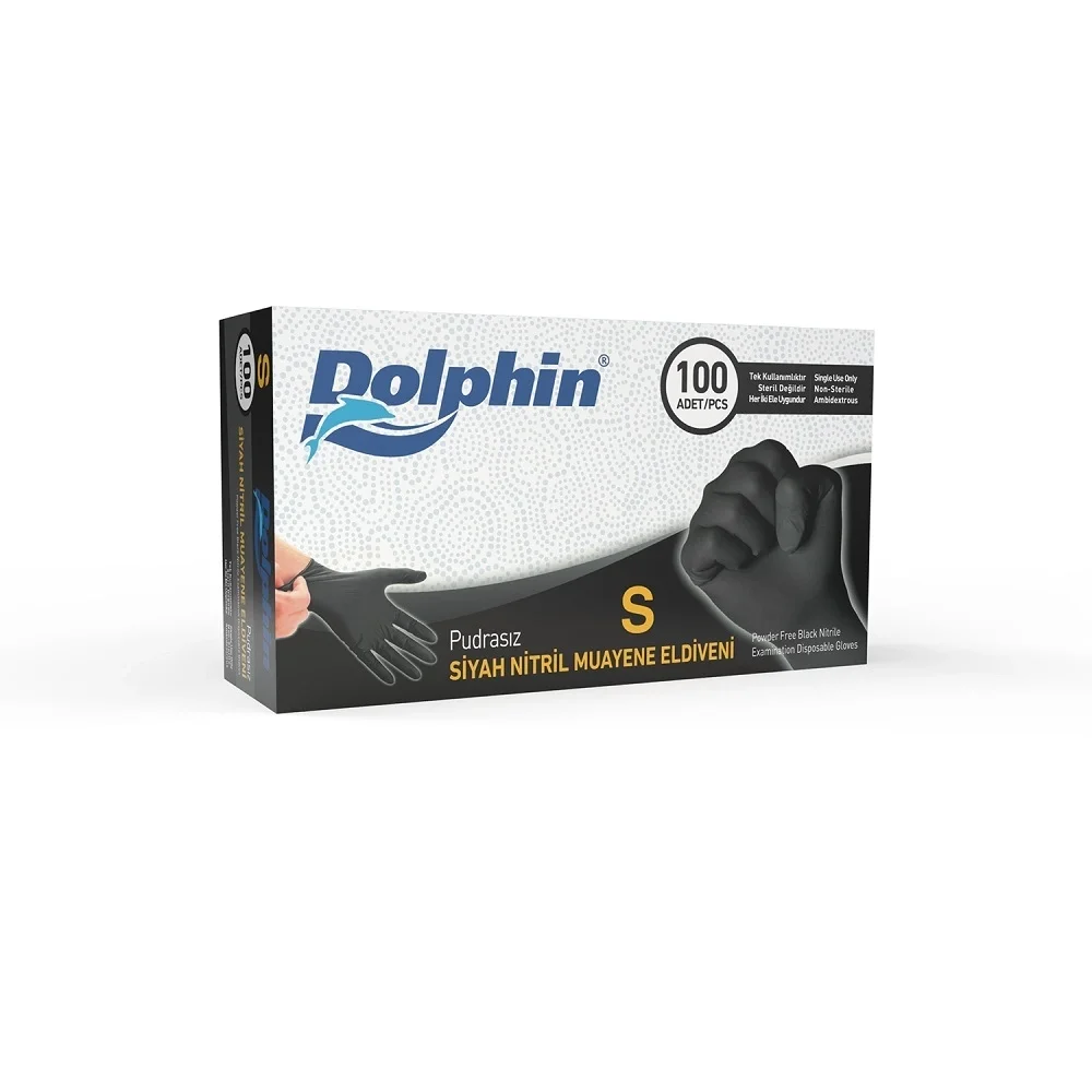 Dolphin Siyah Çok Amaçlı Nitril Muayene Eldiveni S Beden 100 Adet - MDR