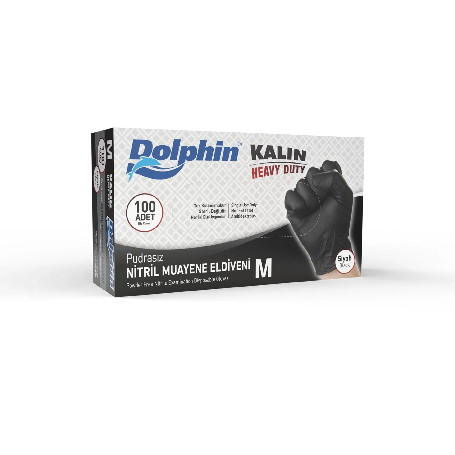 Dolphin Siyah Nitril Eldiven Pudrasız Ekstra Kalın M 100 Adet