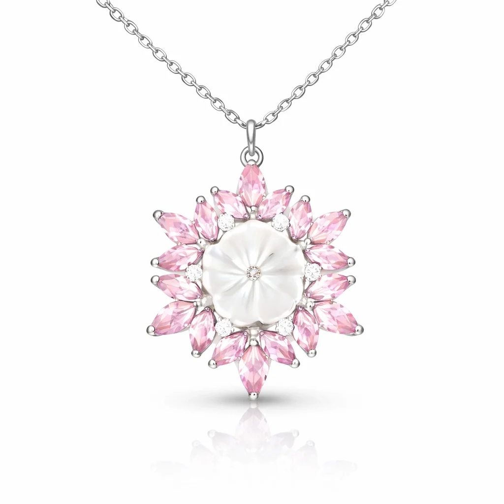 Gümüş Pembe Lotus Desenli Çiçek Kadın Kolye
