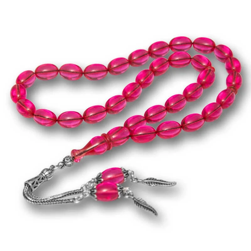 Gümüş Püsküllü Pembe Ateş Kehribar Tesbih
