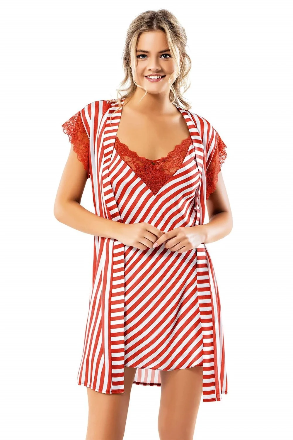 Loriva Çizgili Kiremit Saten Sabahlık Gecelik Takımı