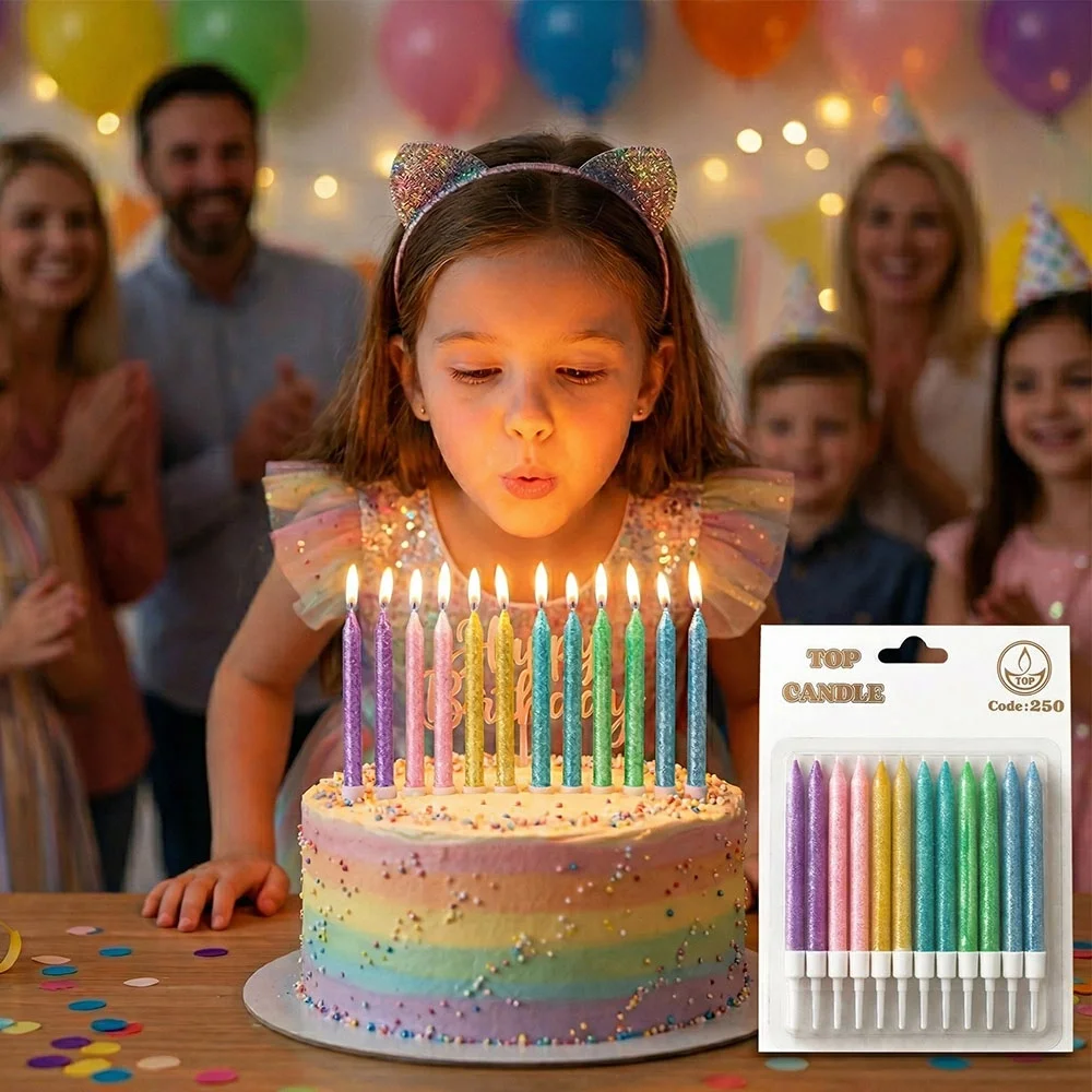 Makaron Renkli Simli Doğum Günü Mumu Seti 8 cm 12 Parça