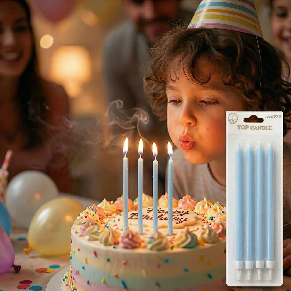 Mavi Makaron İnce Uzun Pasta Mum Seti 4'lü