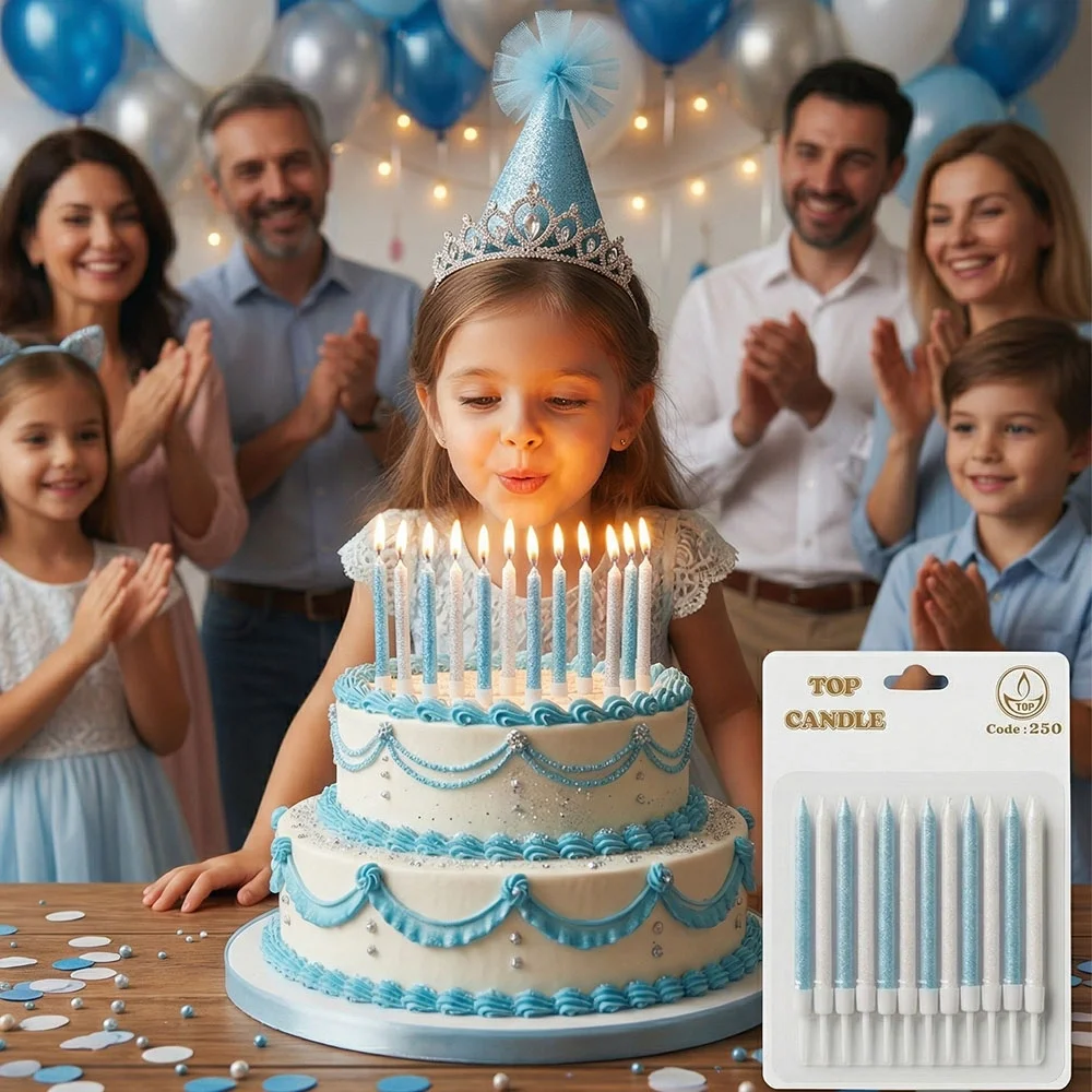 Mavi Simli Doğum Günü Mumu Seti 8 cm 12 Parça