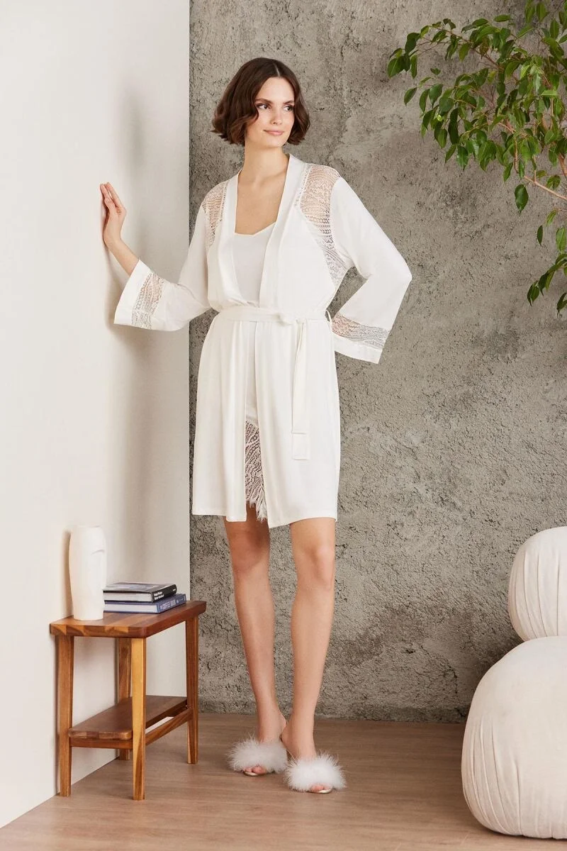 Penye Dantelli Kadın Gecelik ve Sabahlık Takım  - 4015 Ekru
