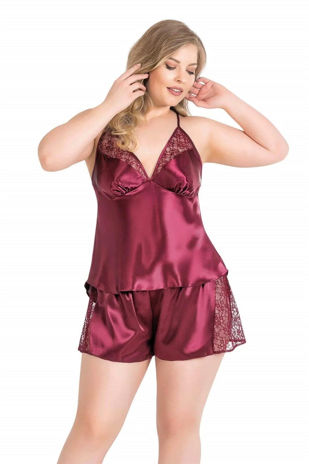Primoda Büyük Beden Bordo Saten Babydoll Şort Takımı 1059