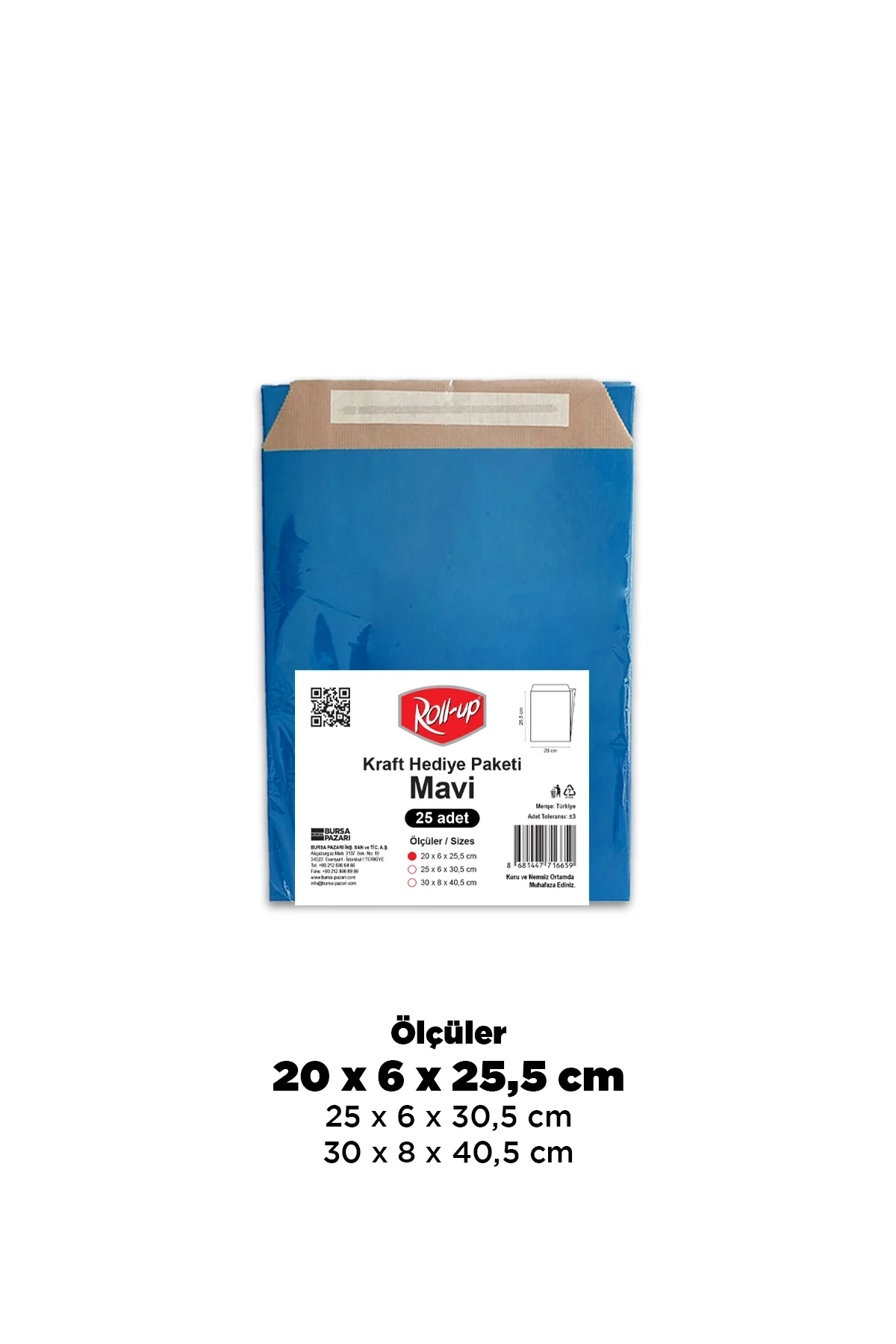Roll-Up Kraft Hediye Paketi Mavi 20 * 26 cm 25 Adet