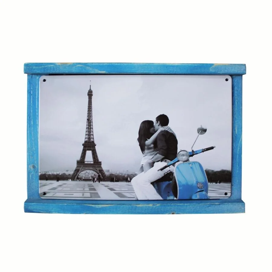 Rustik Ahşap Çerçeveli Vintage Metal Pano Eiffel 20x30