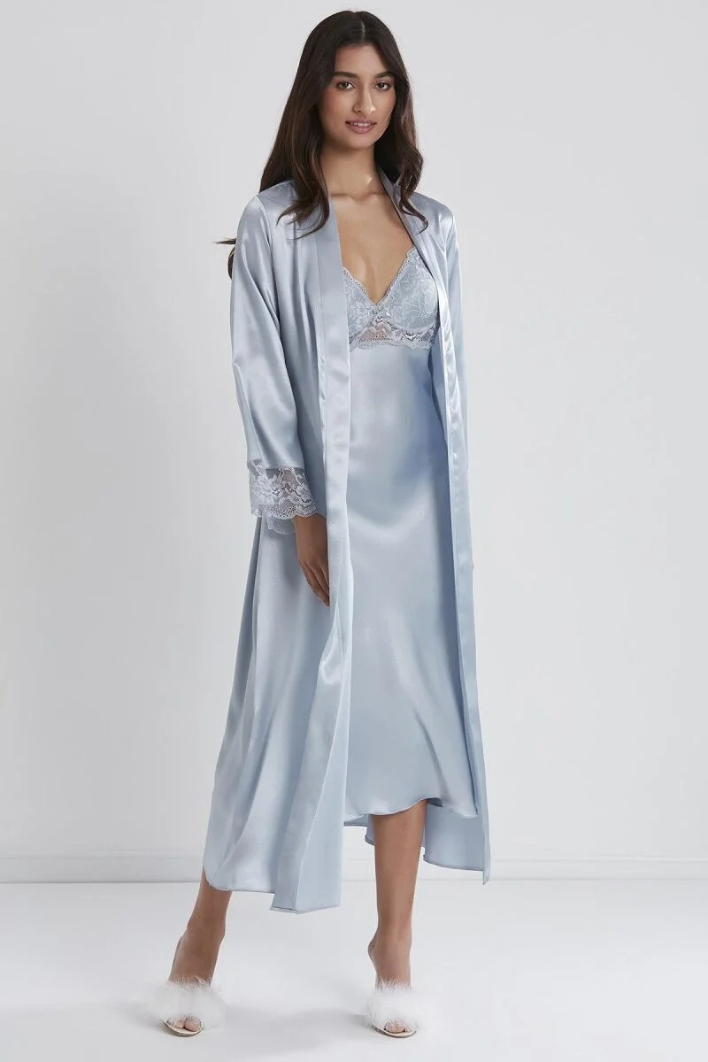 Saten Dantelli Kadın Gecelik ve Sabahlık Takımı - 4370 Mist