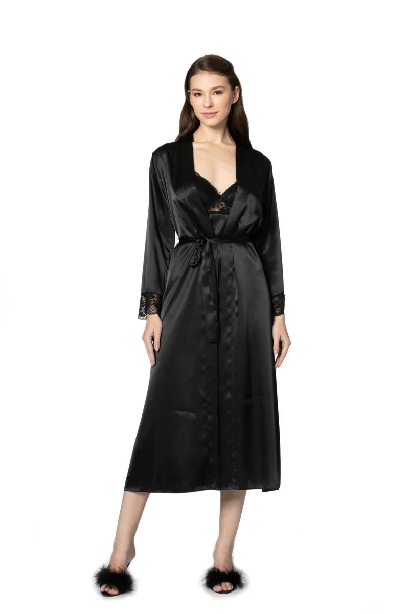 Saten Dantelli Kadın Gecelik ve Sabahlık Takımı - 4370 Siyah