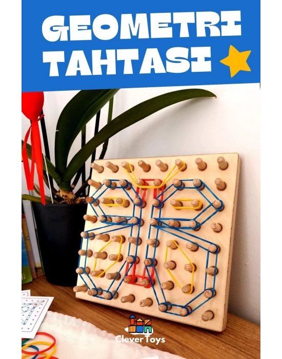 Ahşap GEOBOARD Geometri Tahtası - Tak Çıkar Montessori Eğitici Oyuncak - Lastik Geçirme Çocuk Oyunu