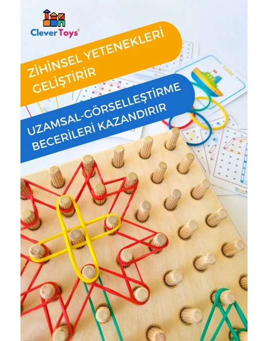 Ahşap GEOBOARD Geometri Tahtası - Tak Çıkar Montessori Eğitici Oyuncak - Lastik Geçirme Çocuk Oyunu