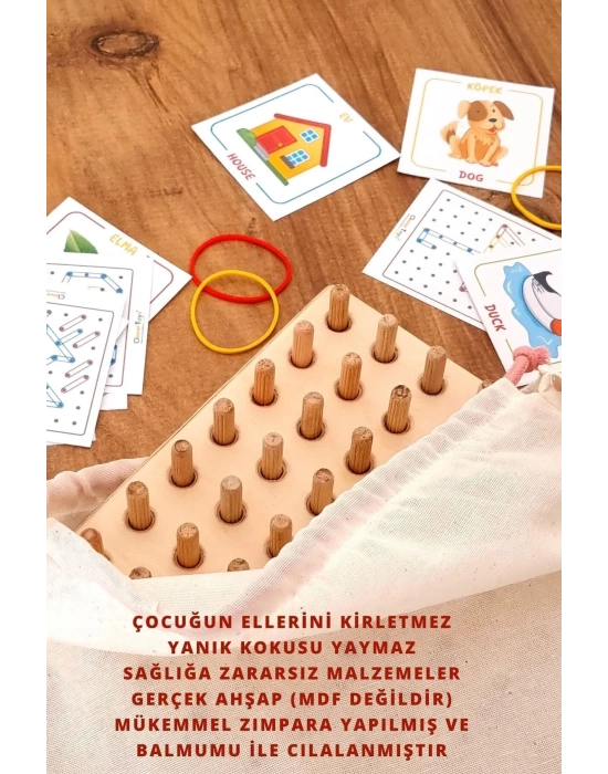 Ahşap GEOBOARD Geometri Tahtası - Tak Çıkar Montessori Eğitici Oyuncak - Lastik Geçirme Çocuk Oyunu