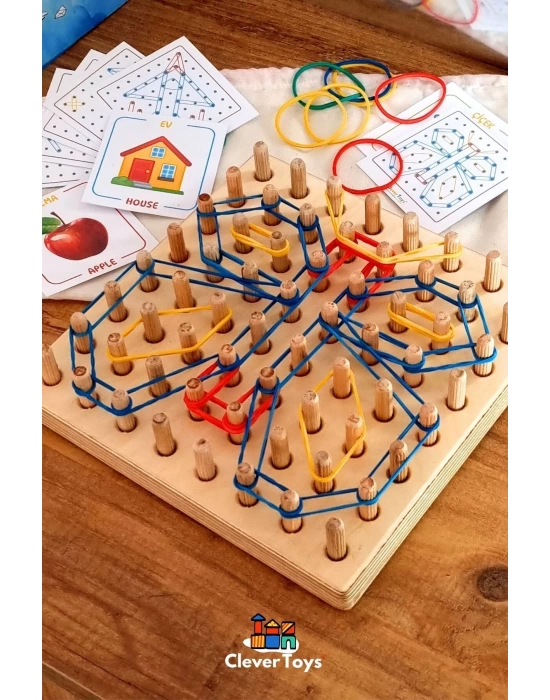 Ahşap GEOBOARD Geometri Tahtası - Tak Çıkar Montessori Eğitici Oyuncak - Lastik Geçirme Çocuk Oyunu