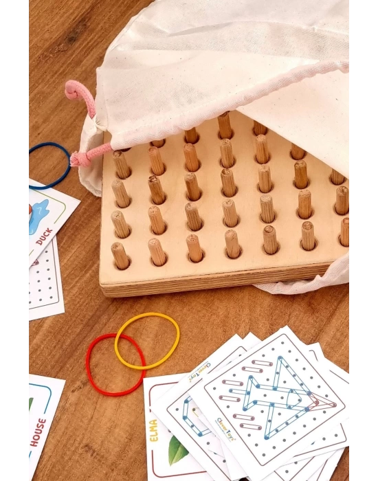 Ahşap GEOBOARD Geometri Tahtası - Tak Çıkar Montessori Eğitici Oyuncak - Lastik Geçirme Çocuk Oyunu