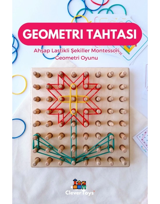 Ahşap Geometri Tahtası - Tak Çıkar Montessori Eğitici Oyuncak- Geoboard / Lastik Geçirme Çocuk Oyunu