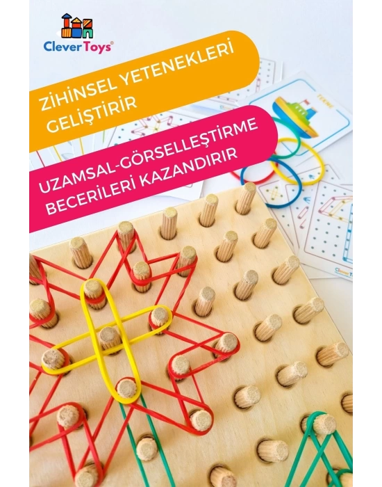 Ahşap Geometri Tahtası - Tak Çıkar Montessori Eğitici Oyuncak- Geoboard / Lastik Geçirme Çocuk Oyunu