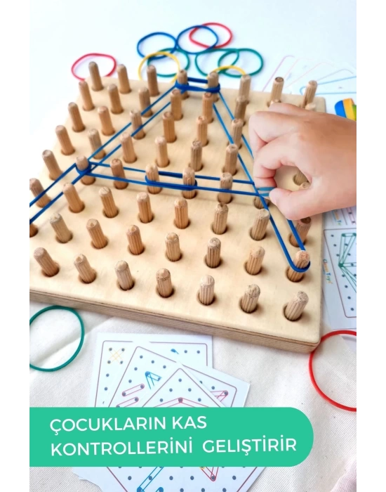 Ahşap Geometri Tahtası - Tak Çıkar Montessori Eğitici Oyuncak- Geoboard / Lastik Geçirme Çocuk Oyunu