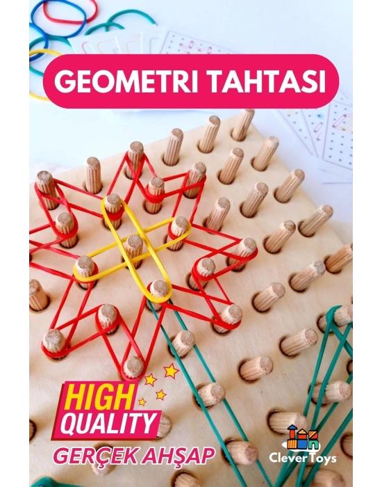 Ahşap Geometri Tahtası - Tak Çıkar Montessori Eğitici Oyuncak- Geoboard / Lastik Geçirme Çocuk Oyunu