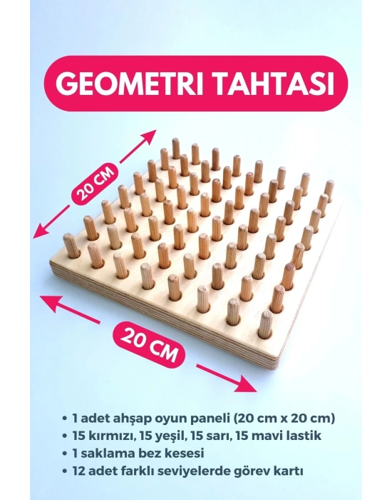 Ahşap Geometri Tahtası - Tak Çıkar Montessori Eğitici Oyuncak- Geoboard / Lastik Geçirme Çocuk Oyunu