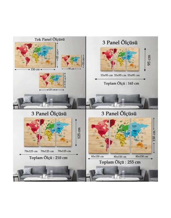 Ahşap Görünümlü Dünya Haritası Dekoratif Kanvas Tablo 2107