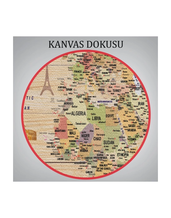 Ahşap Görünümlü Dünya Haritası Sembollü Eğitici Dekoratif Kanvas Tablo 2930