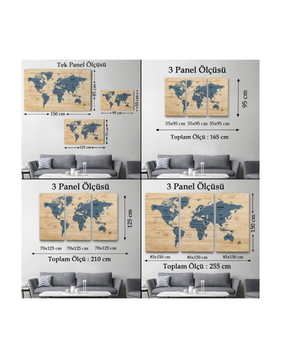 Ahşap Görünümlü Dünya Haritası Ülke Başkentli Kanvas Tablo 1843
