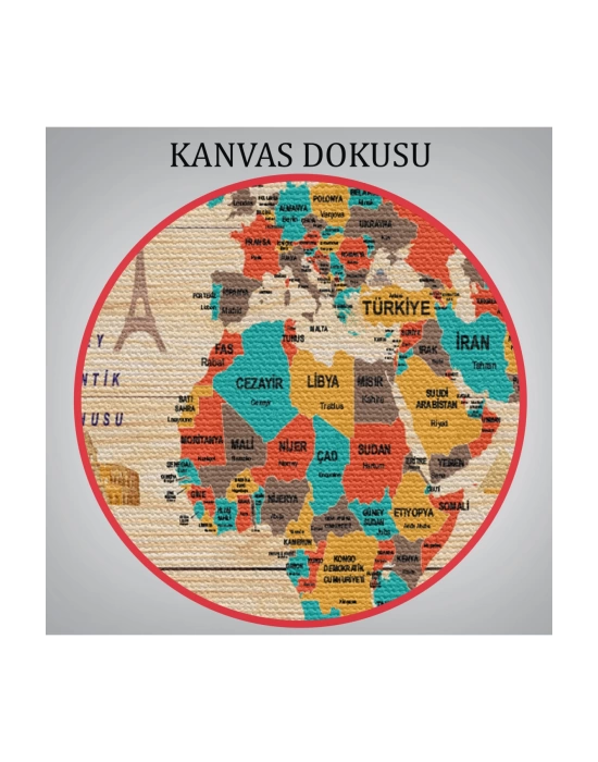 Ahşap Görünümlü Türkçe Dünya Haritası Dekoratif Kanvas Tablo 2070