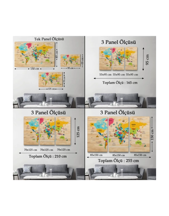 Ahşap Görünümlü Türkçe Dünya Haritası Dekoratif Kanvas Tablo 2096