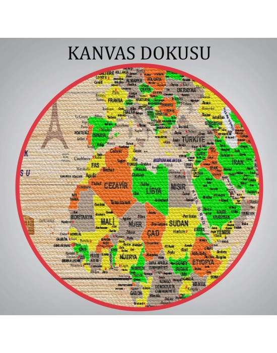 Ahşap Görünümlü Türkçe Dünya Haritası Sembollü Eğitici Dekoratif Kanvas Tablo 2893